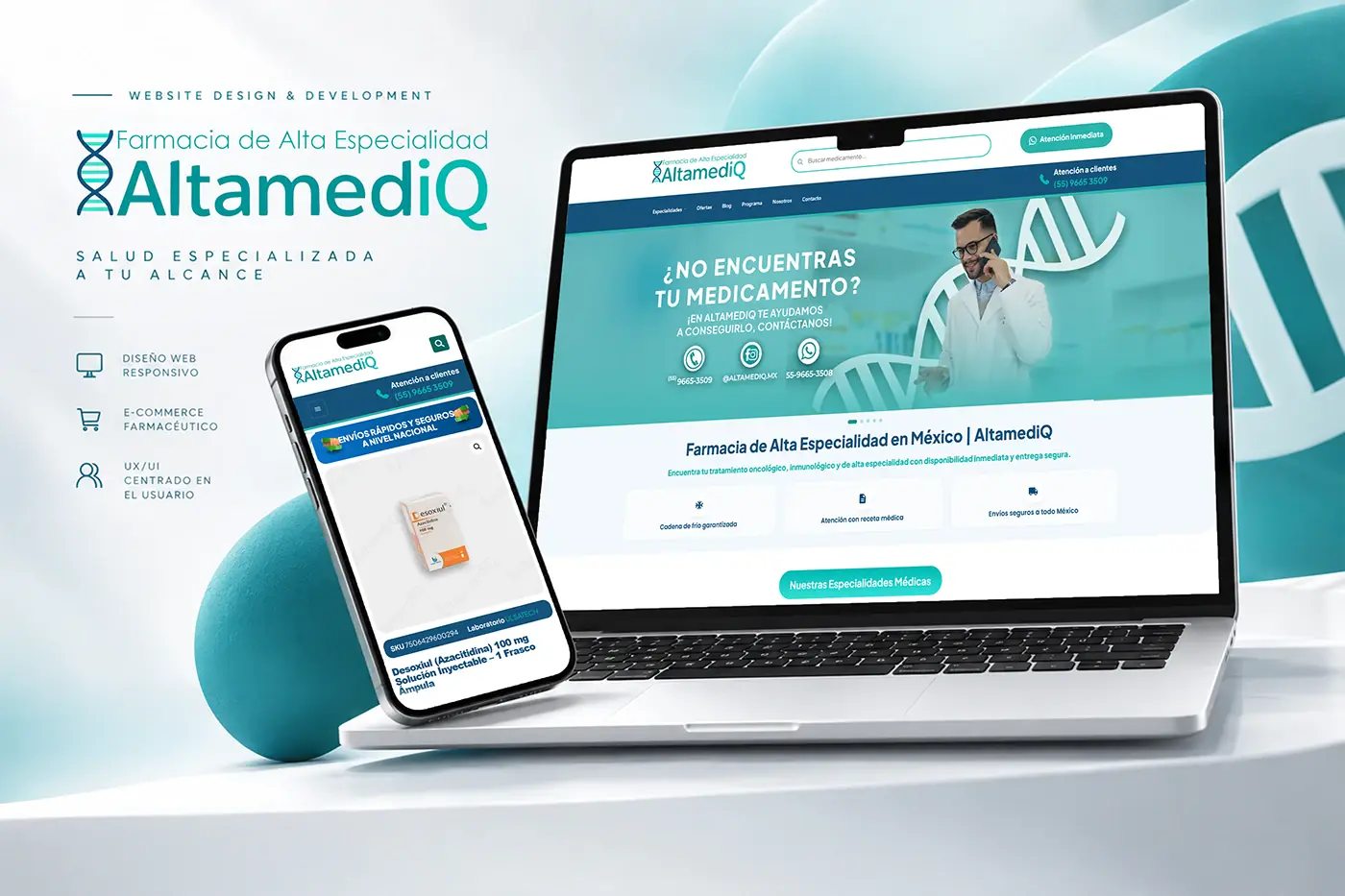 La tienda de AltamediQ en una portátil y un teléfono, con el buscador de medicamentos y una ficha de producto