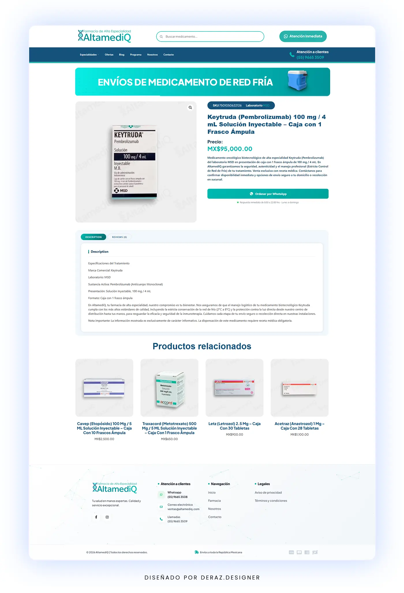 Ficha de un medicamento con su nombre completo, laboratorio, precio, descripción y productos relacionados